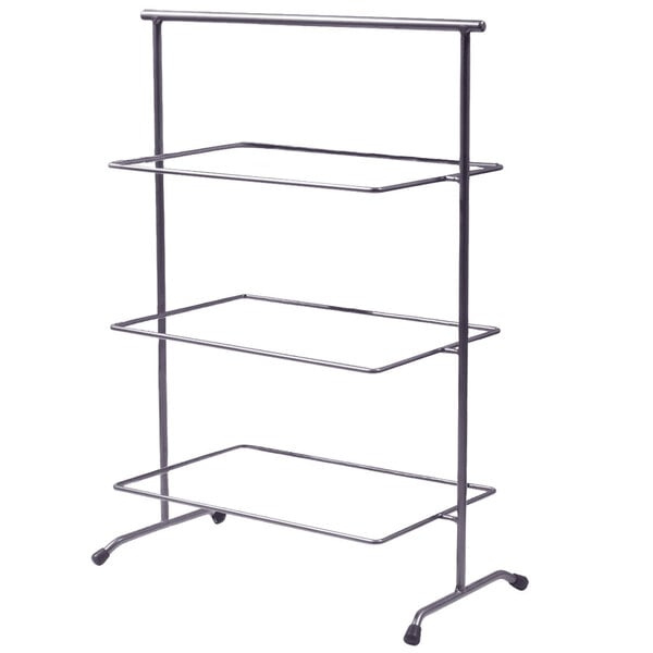 A gray powder coated iron rectangular 3-tier pane stand.