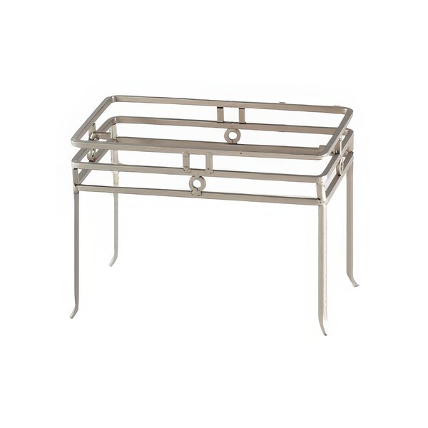 A Clipper Mill chrome powder coated metal rectangular riser with two legs.