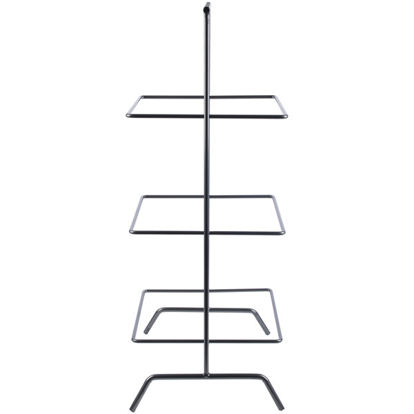 A gray powder coated iron 3-tier square riser stand.