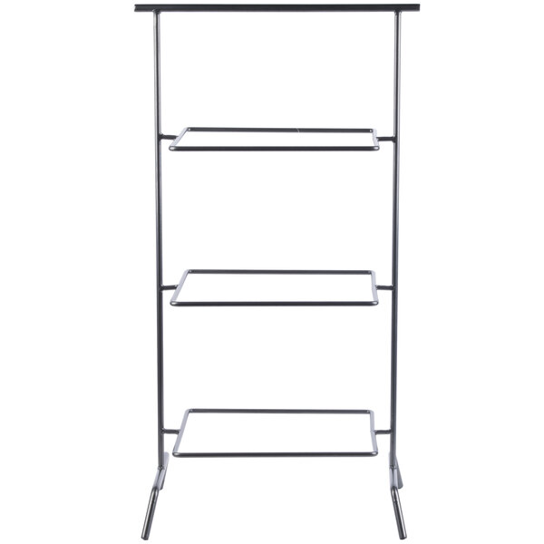 A gray powder coated iron square 3-tier shelf.