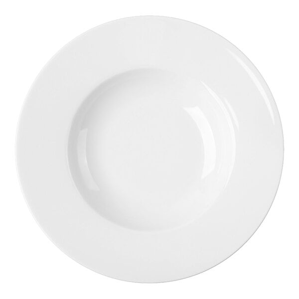 A plain white, round, deep-rimmed bowl viewed from above.