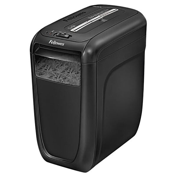 A close-up of a black Fellowes Powershred 60Cs light-duty cross-cut shredder with paper inside.