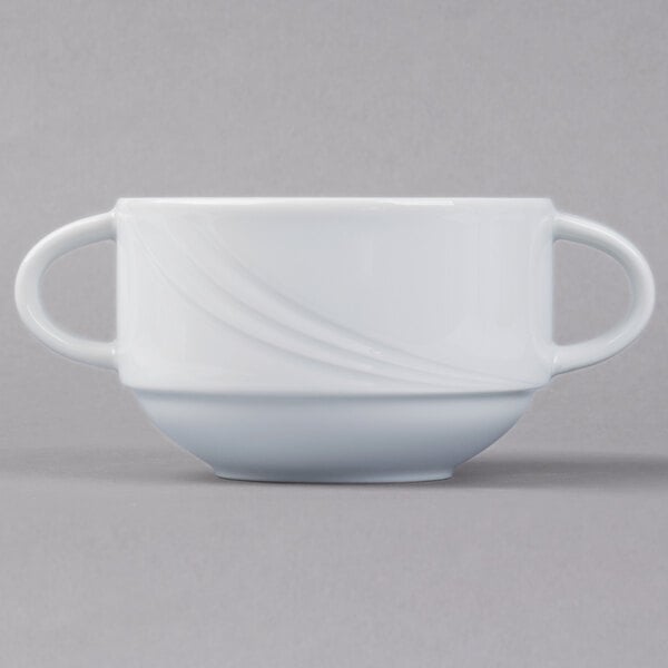 A close-up of a white Schonwald Donna two-handled soup cup.