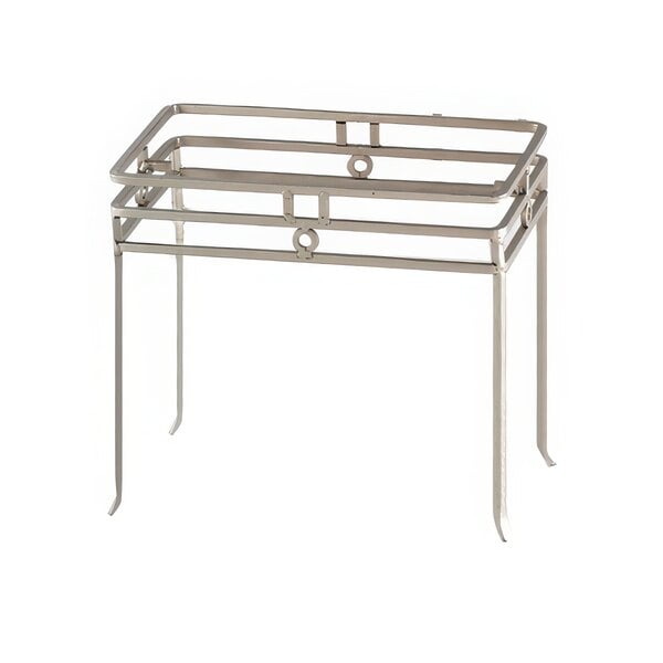 A Clipper Mill chrome powder coated iron rectangular riser with two legs.