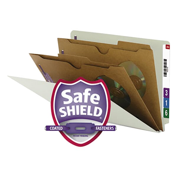 A white Smead Safeshield file folder with a purple and white logo.