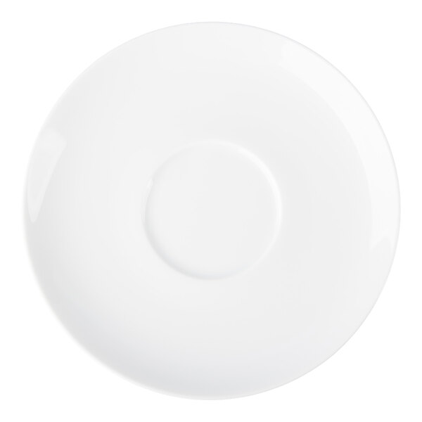 A round, white saucer with a slightly raised center area, viewed from above.
