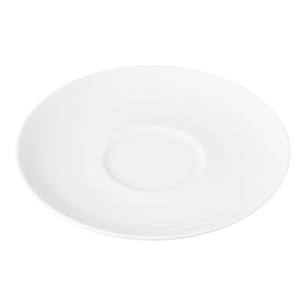 A plain white round saucer with a slightly raised center area.