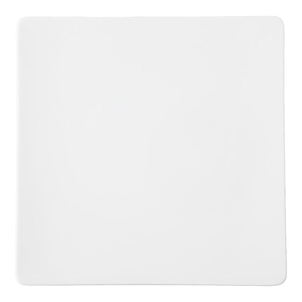 A plain, white, square plate with slightly rounded corners.