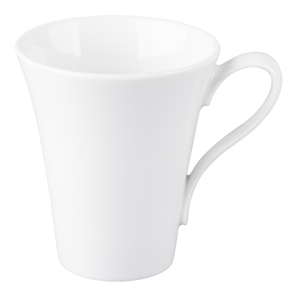 A plain white porcelain cup with a flared rim and a curved handle.