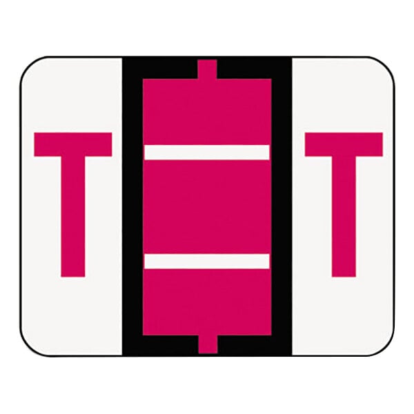 A white rectangular label with a pink T and white lines.