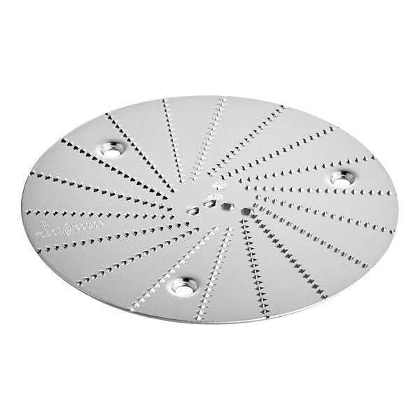 A Robot Coupe 2.5 mm grating disc, a circular metal object with holes.