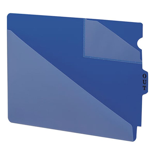 A blue rectangular file folder with diagonal-cut pockets and a plastic cover.