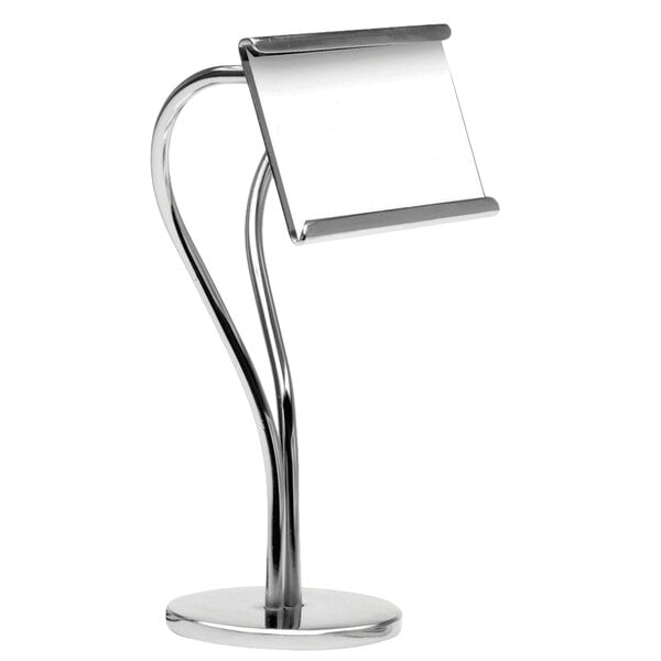 A Clipper Mill chrome plated iron S-shaped table card holder holding a white paper.