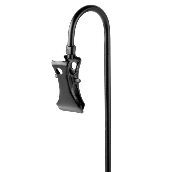 A black metal Clipper Mill wire sign holder with a clip.