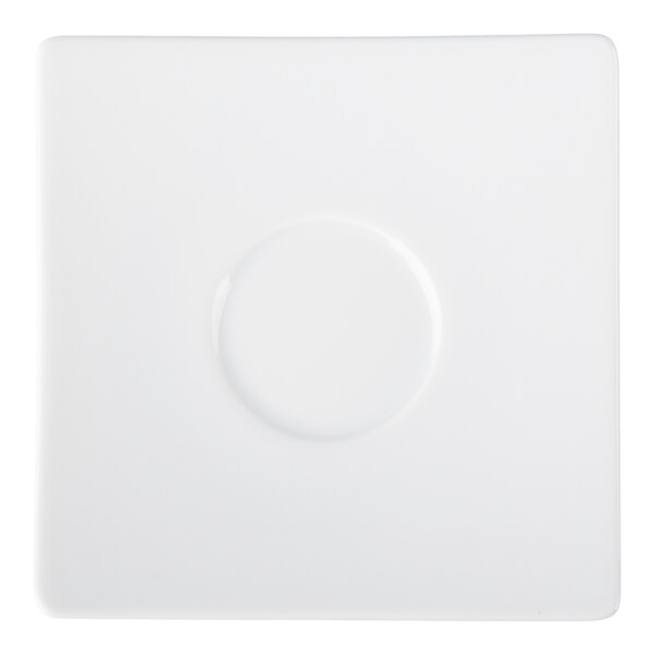 A white, square saucer with a circular indentation in the center.