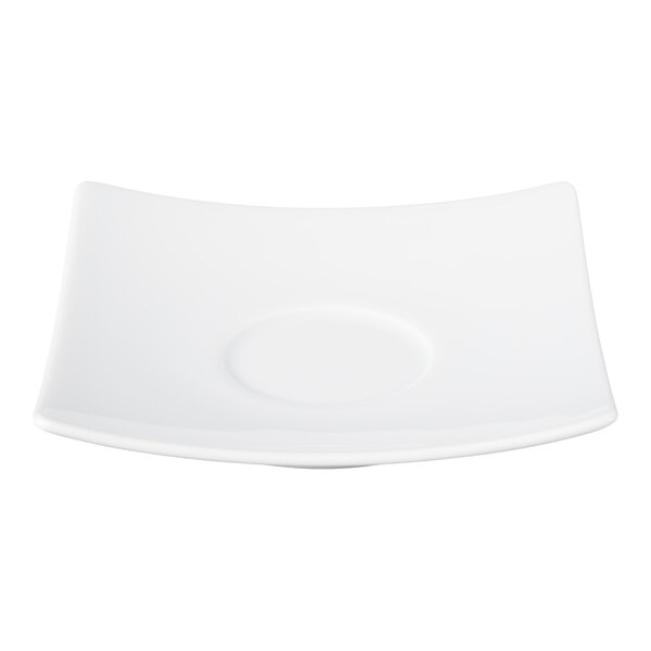A white, square-shaped porcelain saucer with a slightly raised circular indentation in the center.