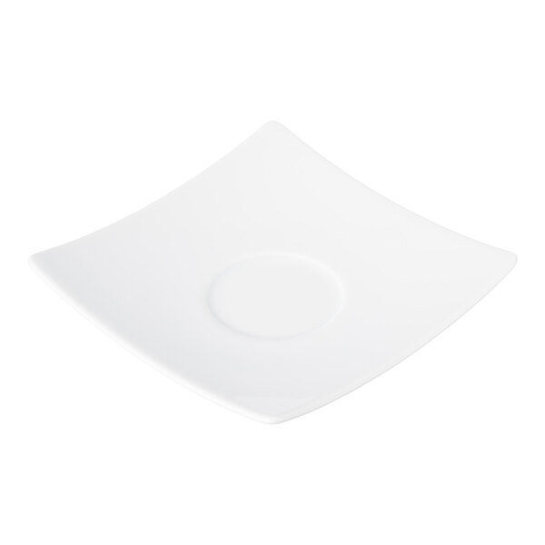 A white, square-shaped saucer with a circular indentation in the center.