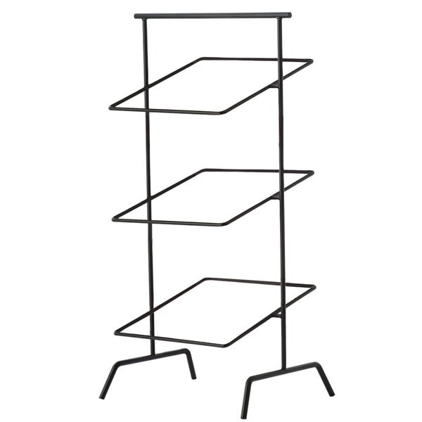 A black Clipper Mill by GET powder coated iron 3-tier basket stand.