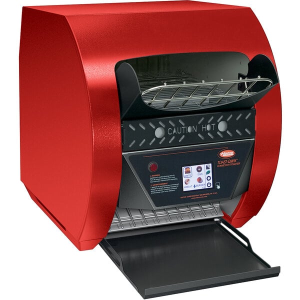 A red and black Hatco Toast-Qwik conveyor toaster on a counter.