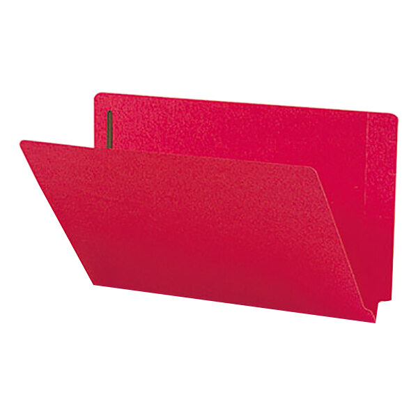 A red file folder with metal fasteners.