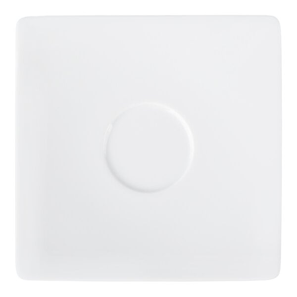 A square white saucer with a circular indentation in the center.
