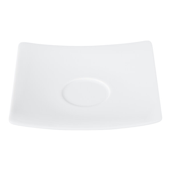 A white, square-shaped porcelain saucer with a circular indentation in the center.