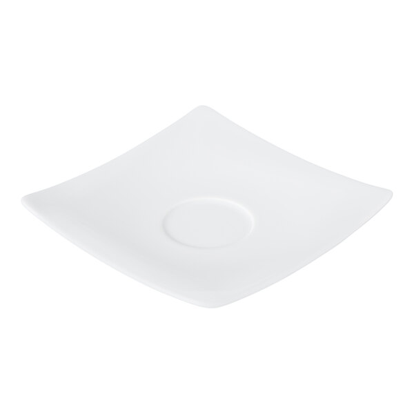 A white, square-shaped porcelain saucer with a circular indentation in the center.