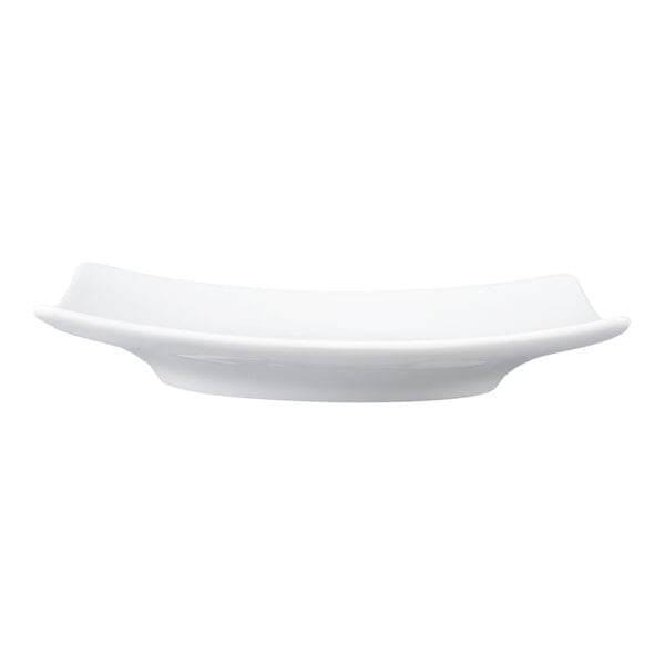A white, square-shaped porcelain saucer with slightly upturned edges, shown from a side view.