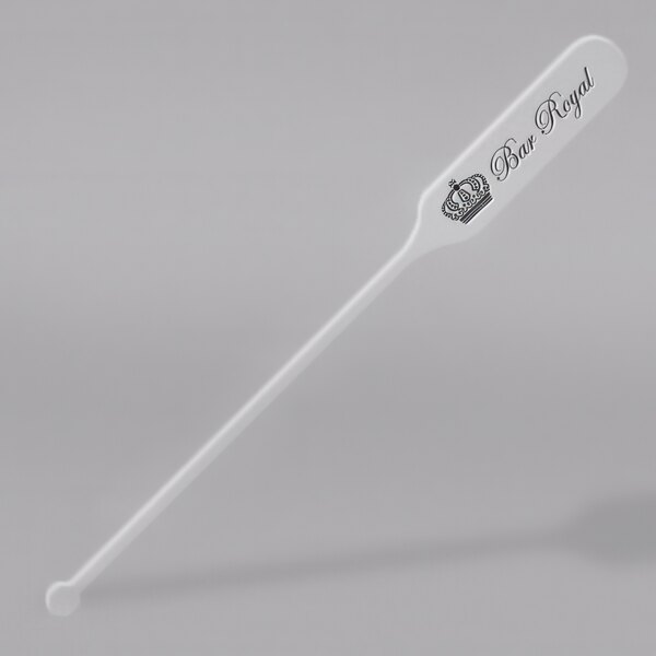 A clear plastic paddle stirrer with the word Spirit on it.