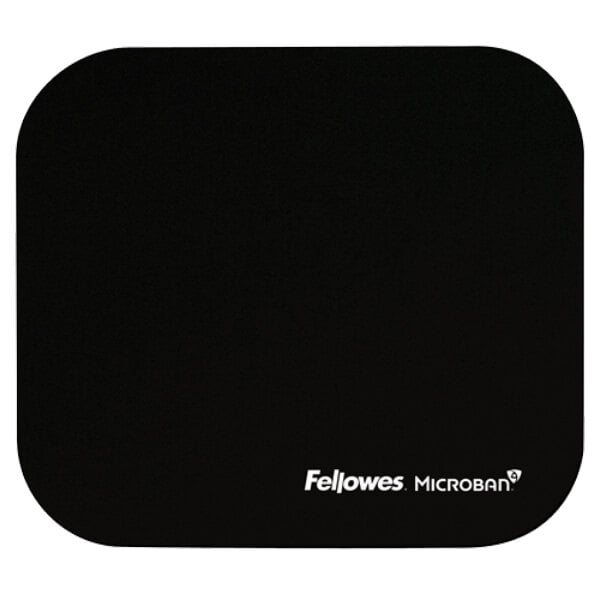 A black Fellowes mouse pad with white text that reads "Fellowes"