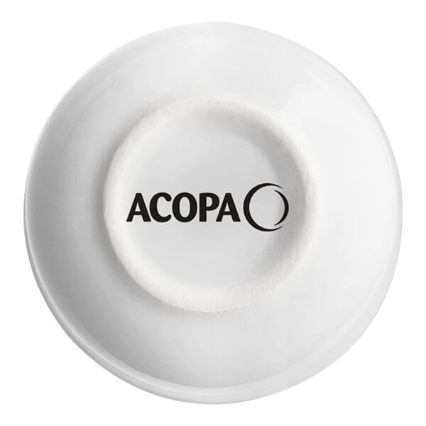 An Acopa bright white sake cup with black text reading "Acopa"