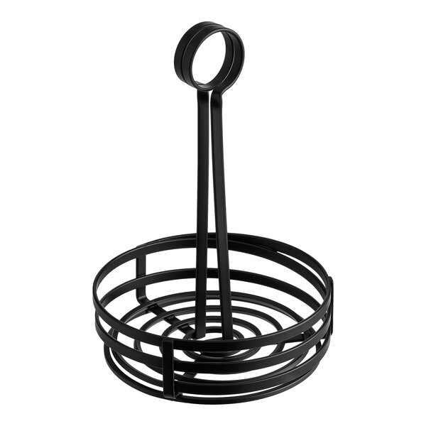 A black wrought iron round condiment caddy with a flat coil design and a card holder.