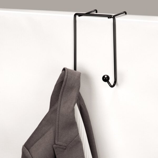 A Fellowes black wire double-garment hook holding a coat.