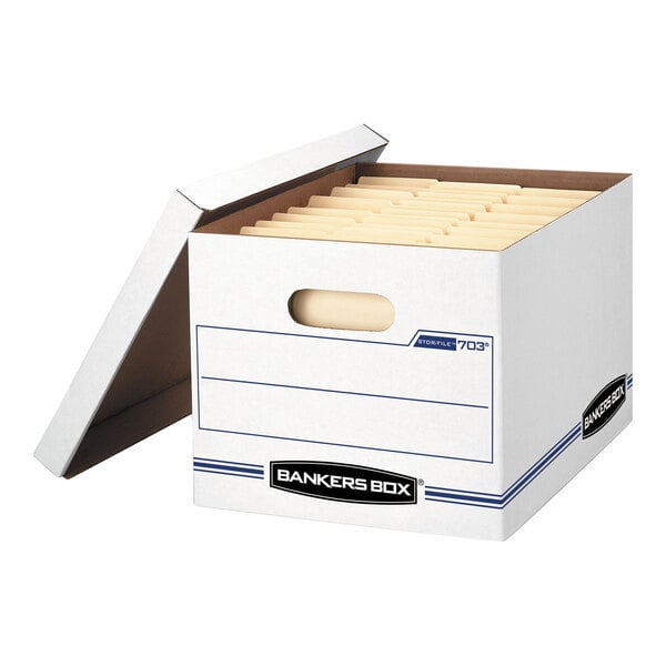 A white Bankers Box file storage box with a lift-off lid, containing letter or legal-sized file folders.