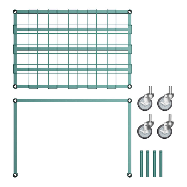 A close-up of a Regency heavy-duty green metal grid with wheels.