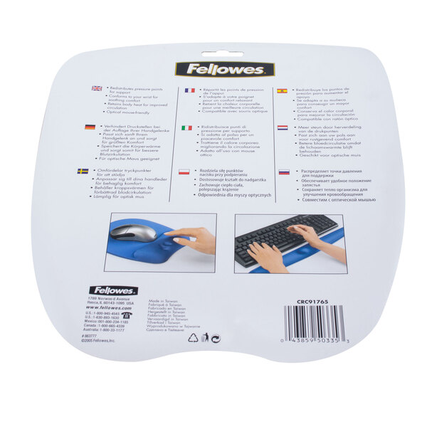 A black Fellowes mouse pad with a foam wrist rest with a mouse on it.