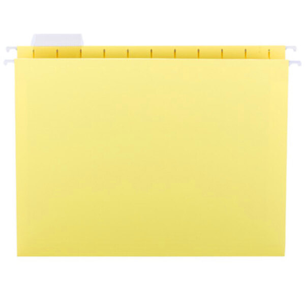 A yellow Smead file folder with white repositionable poly tabs.