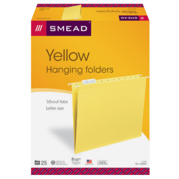 A yellow box of Smead letter size hanging file folders with yellow repositionable poly tabs.