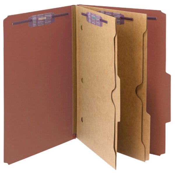A close-up of a brown Smead file folder with three open pages.