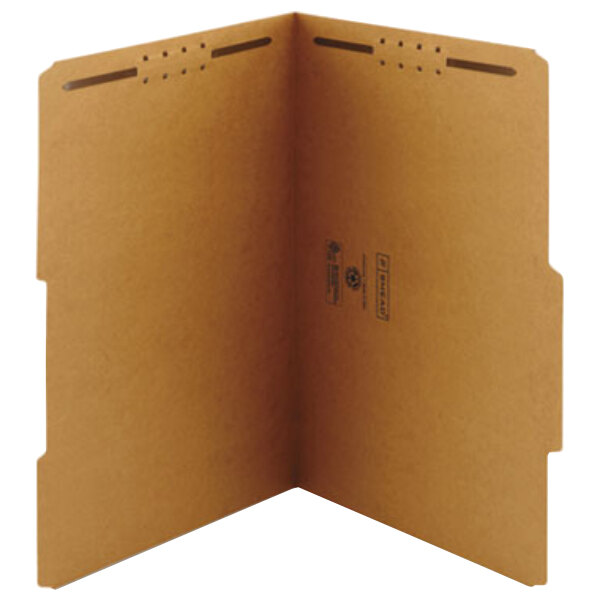 A close-up of a Smead Kraft legal size folder with 2 fasteners and a right of center tab with two holes.