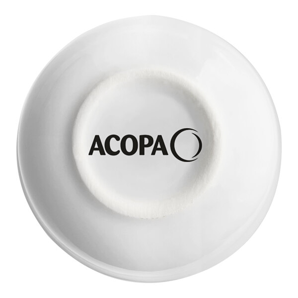 An Acopa bright white sake cup with black text that says "Acopa"