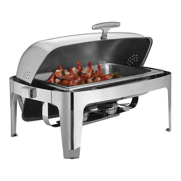 An American Metalcraft stainless steel rectangular chafer with food in it.