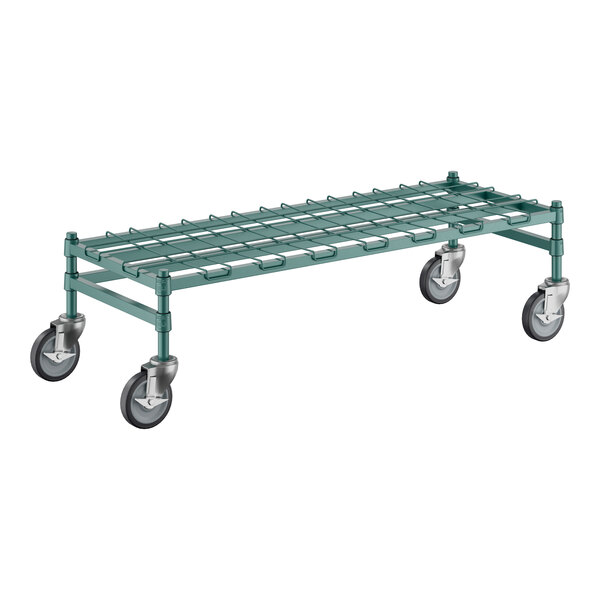 A green metal Regency dunnage rack with black wheels.