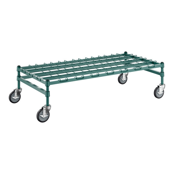 A green metal rack with black wheels.