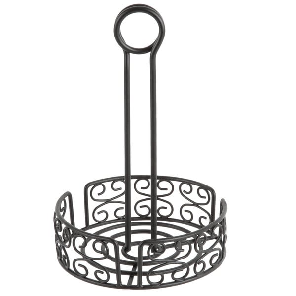 A black wrought iron condiment caddy with a handle.