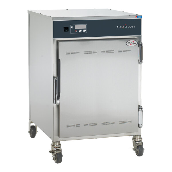 A stainless steel mobile holding cabinet with a digital control panel and casters, designed to hold 10 food pans.