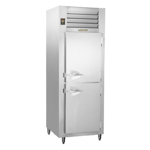 A stainless steel Traulsen reach-in freezer with two half doors.