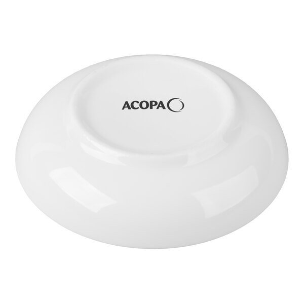 A small, round, white porcelain sauce or sake cup with the Acopa logo on the bottom.