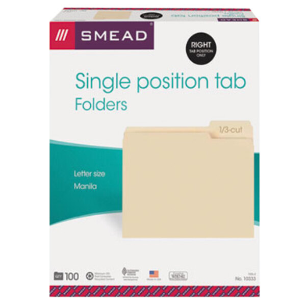 A box of white Smead file folders with a black rectangle and white text.