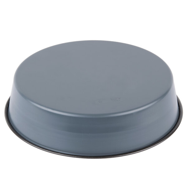 A round gray Matfer Bourgeat non-stick cake pan with a black rim.